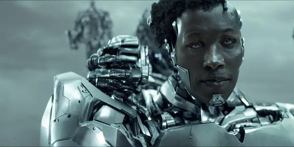 Image similar to a science fiction film still of a black man starring as a cyborg, shallow depth of field, cinematic, award winning cgi, vfx, surrealism, film photography