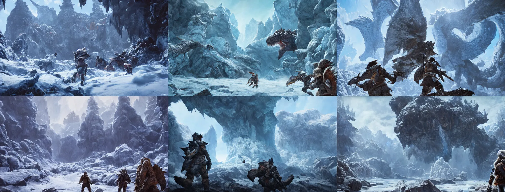 Prompt: Monster Hunter glacier cave, gameplay screenshot, Unreal Engine (2020), oil on canvas by Ivan Shishkin