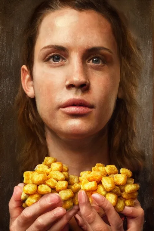 Image similar to channing tatums face as a tater tot, oil on canvas, intricate, portrait, 8 k highly professionally detailed, hdr, cgsociety