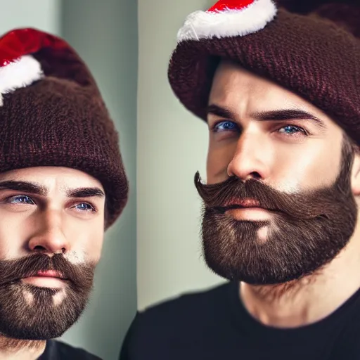 Image similar to strong attractive man face symettry brown beard with christmas hat masculine traits brown hair purple eyes clean skin ultra realistic highly detailed highly realistic 8 k photo realistic