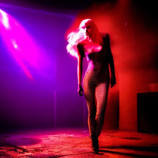 Image similar to supermodel in silent hill, on stage at heaven's night nightclub, 8 k, realistic, fashion photography