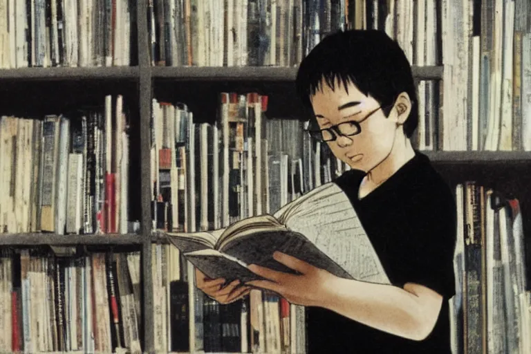 Image similar to a student reading all the human knowledge made to date with papers going towards the horizon, katsuhiro otomo