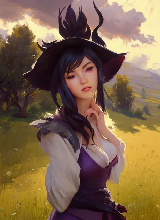 Prompt: portrait of Ahri from League of Legends after work, countryside, calm, fantasy character portrait, dynamic pose, above view, sunny day, thunder clouds in the sky, artwork by Jeremy Lipkin and Giuseppe Dangelico Pino and Michael Garmash and Rob Rey, very coherent asymmetrical artwork, sharp edges, perfect face, simple form, 100mm