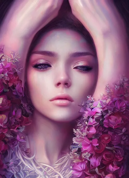 Image similar to beautiful, young woman, extremely detailed gorgeous face, looks realistic, hyper-detailed portrait, sad eyes tears, vaporwave aesthetic, synthwave, magical, fantasy, flowers, artist Artgerm i and WLOP