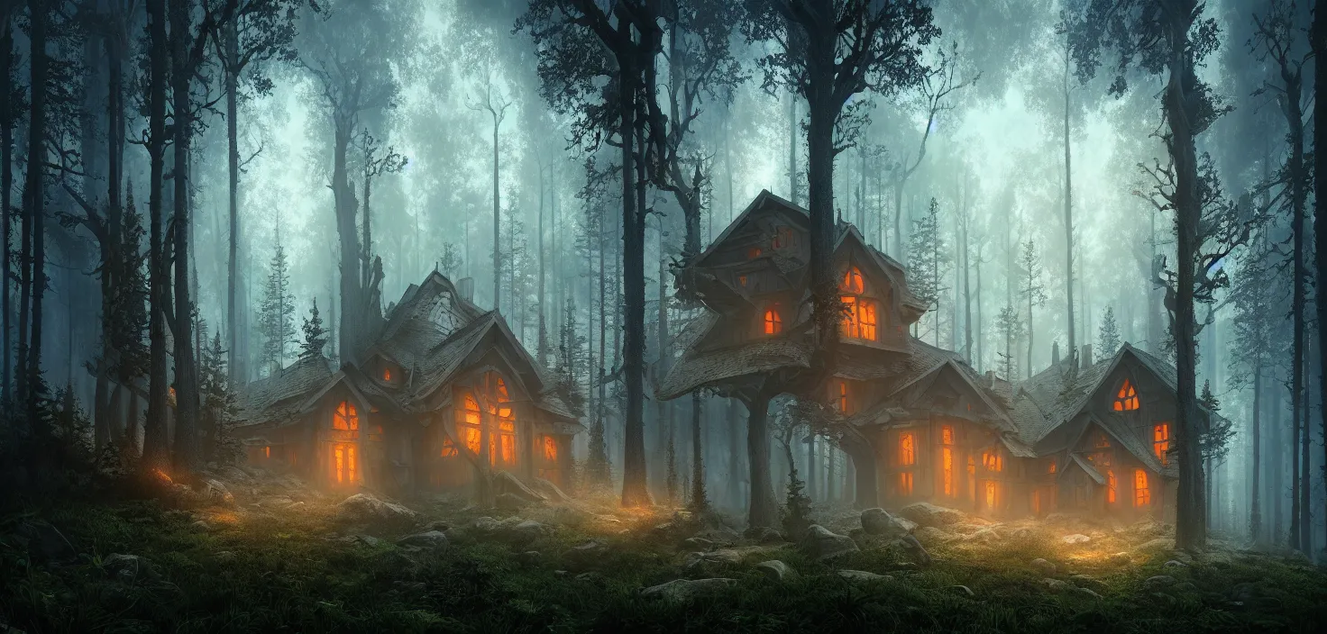 Image similar to random scary forest house landscape, incredible, vector art, octane render, fabulous, hyper detailed, random cinematic view, no noise, global illumination, warm lighting, volumetric, godrays, vivid, beautiful, by jordan grimmer