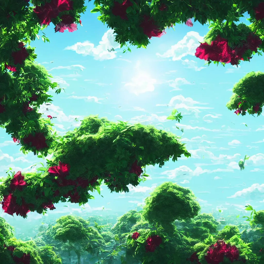 Image similar to city in the sky, flying island, white fluffy cloud, monocular, volumetric light, leaves foliage and stems, hibiscus flowers, alexander mcqueen, rim light, studio ghibli 8 k