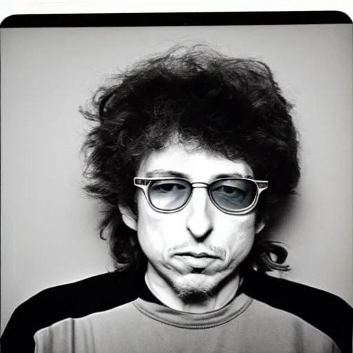 Image similar to Mugshot Portrait of Bob Dylan with stunna shades and a high top fade, taken in the 1970s, photo taken on a 1970s polaroid camera, grainy, real life, hyperrealistic, ultra realistic, realistic, highly detailed, epic, HD quality, 8k resolution, body and headshot, film still, front facing, front view, headshot and bodyshot, detailed face, very detailed face