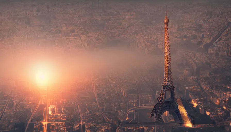 Image similar to heat wave over empty paris, volumetric light, eiffel tower light, hyperdetailed, artstation, cgsociety, 8 k