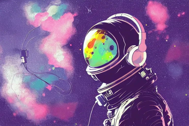 Prompt: astronaut wearing headphones floating in space, pixiv fanbox, dramatic lighting, maximalist pastel color palette, splatter paint, pixar and disney concept, graphic novel by fiona dustin nguyen peter elson alan bean wangechi mutu, clean cel shaded vector art, on artstation