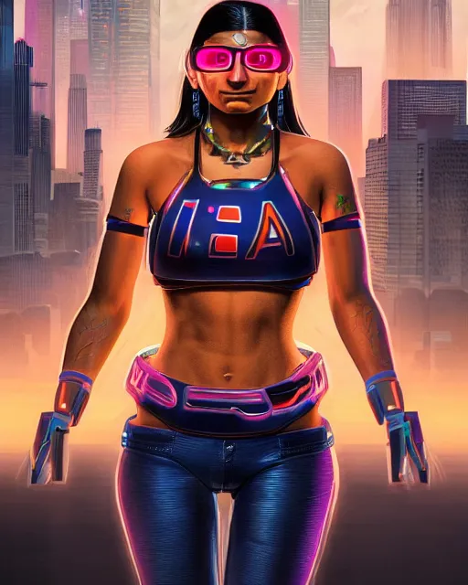 Prompt: Mia Khalifa as a cyborg, octane render, iridescent accents, kingdom come by Alex Ross