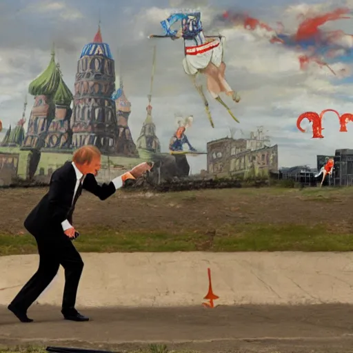 Image similar to Vladimir putin in drag riding a unicycle through a battlefield, banksy