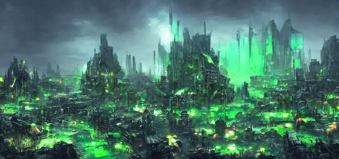 Prompt: green crystal apocalyptic city concept art, vibrant colors, 8 k photorealistic, hd, high details, trending on artstation