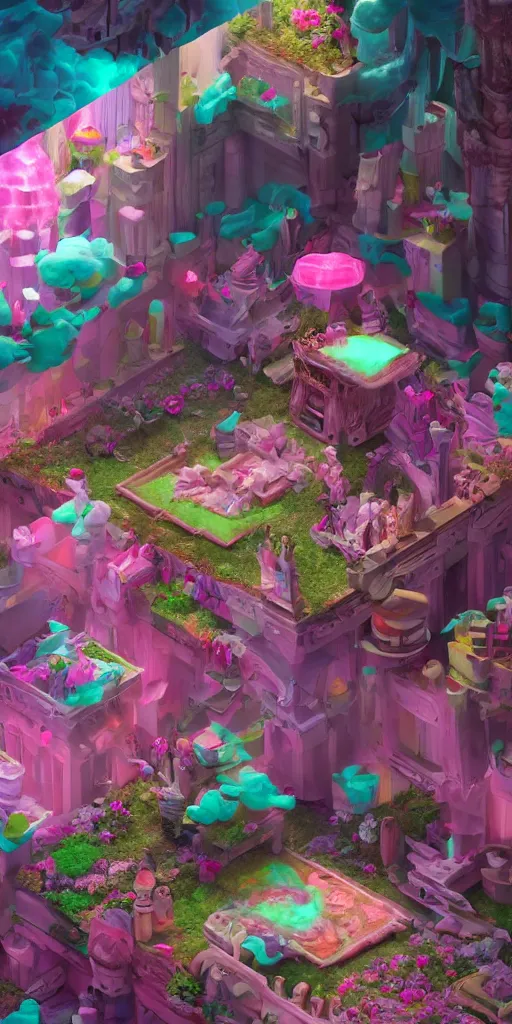 Image similar to Isometric Fantasy Room made of cotton candy and roses, trending on artstation, 4k, 8k, overhead view, unreal engine, octane, artstation 3d, artstation 3d render, artstation photography