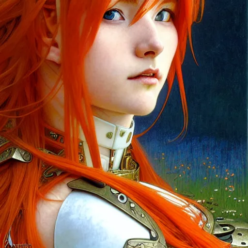 Image similar to Masterpiece head and shoulders portrait of Asuna Yuuki, young woman with orange hair wearing a partial paladin armor with a red skirt and white top, face, fantasy, intricate, elegant, highly detailed drawn by Donato Giancola and Tom Bagshaw, face by Artgerm and Edmund Leighton, Alphonse Mucha, background by James Jean and Gustav Klimt, 4k, porcelain skin, komorebi, french nouveau, trending on pixiv, octane render, hyperrealistic