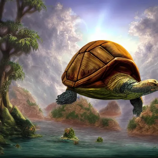 Image similar to a large fantasy town on top of a giant turtle,digital art,detailed