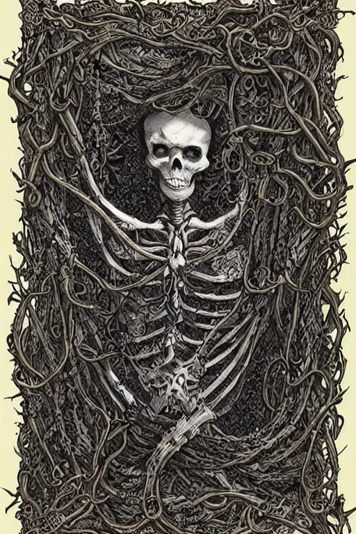 Prompt: portrait of dead king skeleton wrapped in vines, black paper, baroque, rococo, tarot card with ornate border frame, marc Simonetti, paul pope, peter mohrbacher, detailed, intricate ink illustration