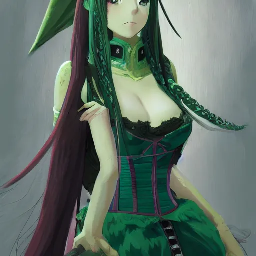 Prompt: medieval anime girl with green braids wearing a corset, anime style, fantasy art, gorgeous face, by makoto shinkai, by wenjun lin, digital drawing