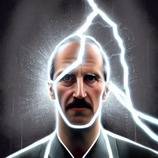 Prompt: a detailed photorealistic rendering of the known super-hero,Nikola Tesla using psychic powers to create lightning from his head l in the style of Kubrick and Escher, character design, concept art, uplight, ultra high detail, atmospheric, shallow focus, no blur