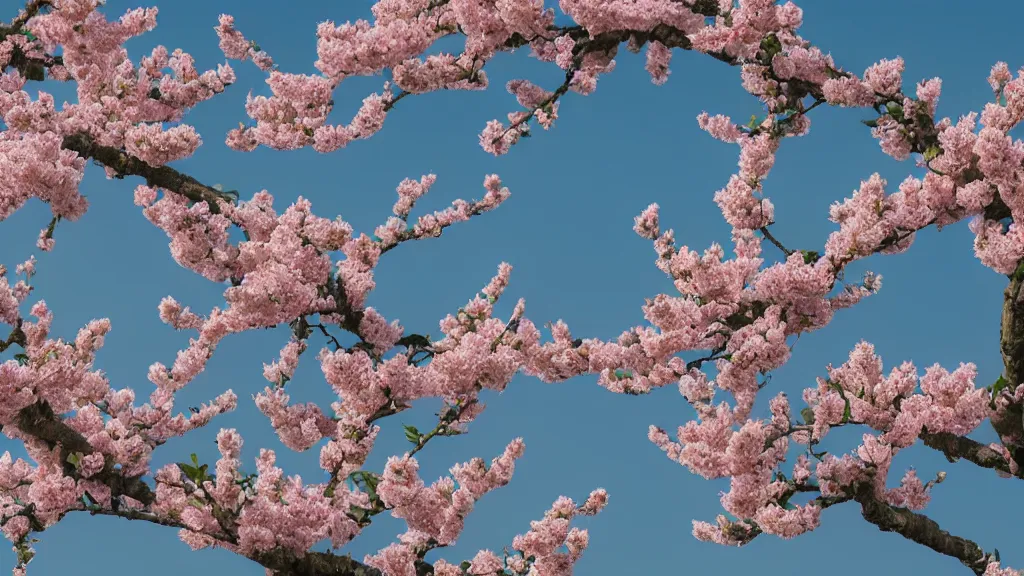 Image similar to Peach blossoms bloom along the Shanghai skyline, The soft pinks and greens of the flowers are offset by the blue of the sky and the gray of the cityscape. HD, Octane render 8K, 200mm, f1.8, wide angle,