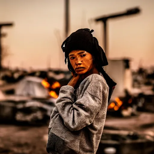 Image similar to photographic portrait of a poor streetwear woman in distress, a futuristic shanty town burns in the background, closeup, sigma 85mm f/1.4, 4k, depth of field, high resolution, 4k, 8k, hd, full color