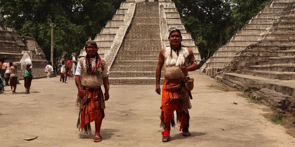 Image similar to india in the 1 8 0 0 s filled with ancient palenque mayan architecture, mayan man walking the streets, indians in traditional wear haggling with the street vendors, surreal, beautiful, hyper realistic, trending on artstation, 8 k, hd