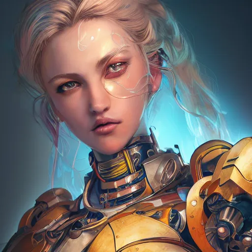 Image similar to studio portrait of lawful good colorful female holy mecha paladin absurdly beautiful, elegant, young sensual graceful woman, ultrafine hyperrealistic detailed face illustration by kim jung gi, irakli nadar, intricate linework, sharp focus, bright colors, matte, octopath traveler, final fantasy, unreal engine highly rendered, global illumination, radiant light, intricate environment