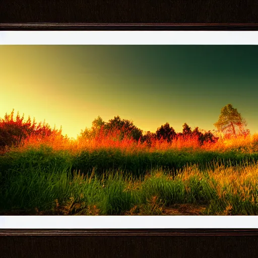 Prompt: A painting of spirits over the horizon by Bob Ross, 8K concept art, dreamy, garden, bushes, flowers, golden hour, vintage camera, detailed, award winning photography, cinematic lighting
