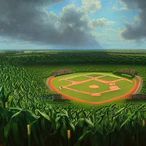 Image similar to a beautiful and highly detailed matte painting of a baseball field in a corn field, celtic knots, intricate details, epic scale, insanely complex, 8 k, sharp focus, hyperrealism, very realistic, by caspar friedrich, albert bierstadt, james gurney, brian froud,