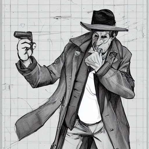 Prompt: a haggard detective in a trenchcoat scanning a crimescene, sketchy artstyle, digital art, dramatic, thick lines, rough lines, line art, cinematic, trending on artstation