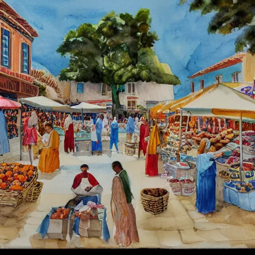 Image similar to a watercolor illustration of a festival in a marketplace on an ancient Greek Island, white and blue buildings, colorful robes, deep ink, fruit vendors, musicians