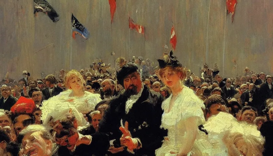 Prompt: painting by ilya repin, trump on the miting, detailed, stunning