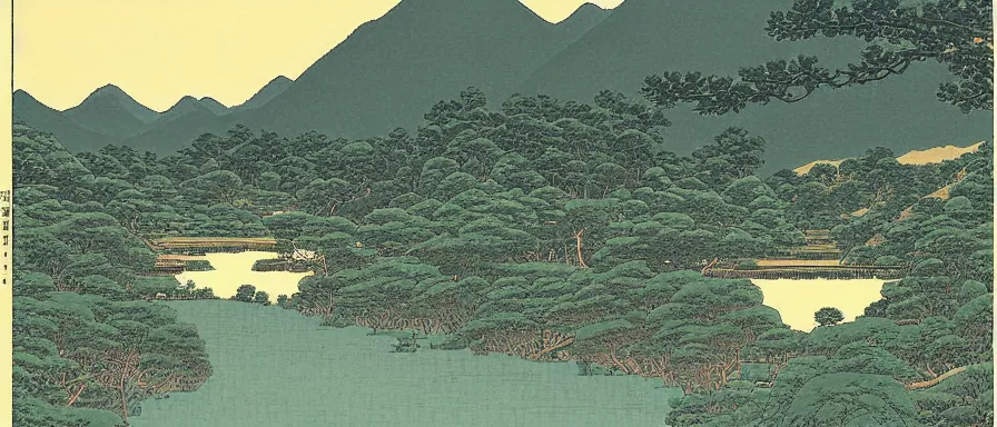 Prompt: The stream runs through the valley, by Hasui Kawase