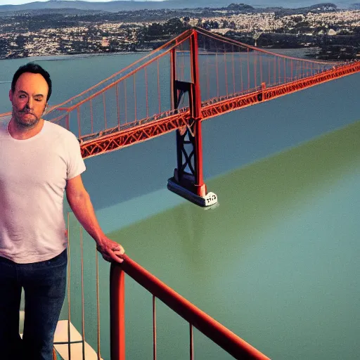 Image similar to dave matthews on the golden gate bridge, 8 k, photorealistic