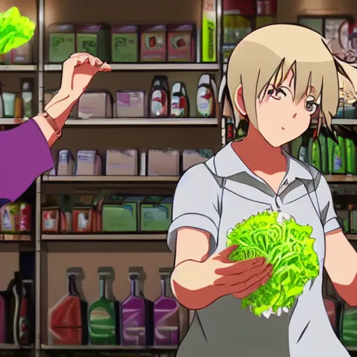 Prompt: Angry woman throwing cabbage at a scared store clerk teen, anime, cinematic, highly detailed, lighting