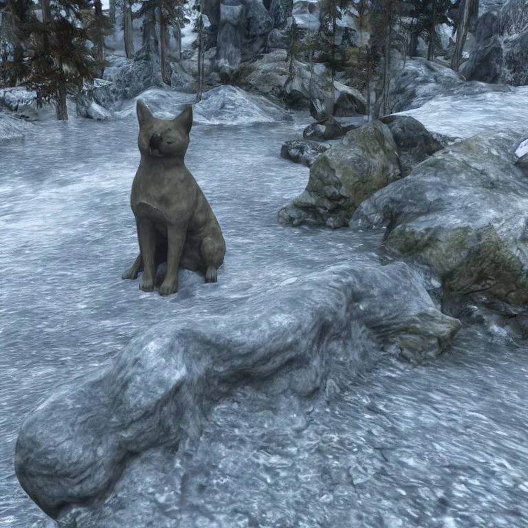 Image similar to a grey and rough hewn shiba inu statue placed beside a frozen stream, skyrim pc screenshot