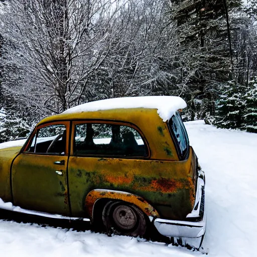 Image similar to rusty sedan in winter forest