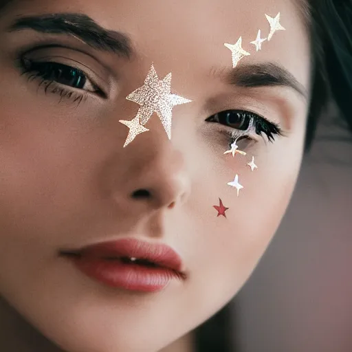 Image similar to portrait of a woman, star stickers on face, natural, light makeup, cinematic, cinematic, focus