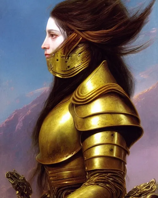 Image similar to beautiful female warrior, half body portrait, long flowing hair, heavy gold armour, realistic oil painting by thomas cole and wayne barlowe