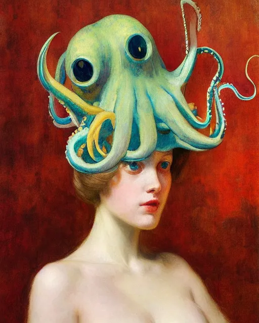 Image similar to a beautiful girl wearing an octopus as a hat, painted by edgar maxence, edward hopper, wayne barlowe and james gilleard, airbrush, art by jamesjean