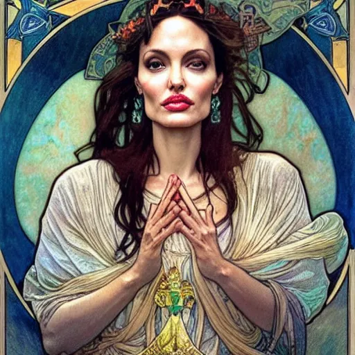 Prompt: angelina jolie portrait by louis - theophile hingre and alphonse mucha, realistic, sharp focus, zodiac signs, tarot cards, planets, ethereal, art nouveau, magic, moon, sun, crown, dreamy, royal, jewellery