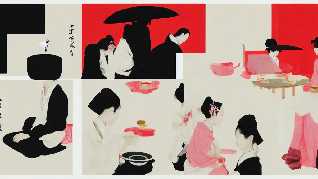 Prompt: a tea ceremony, japan, a collage painting, in the style of wes anderson, lola dupre, david hockney, isolated on negative white space background dark monochrome neon spraypaint accents volumetric octane render