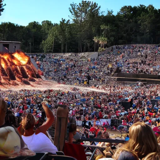 Image similar to Crowd cheering in packed amphitheater, on the stage is a large burning dumpster fire. Amphitheater represents humanity on earth