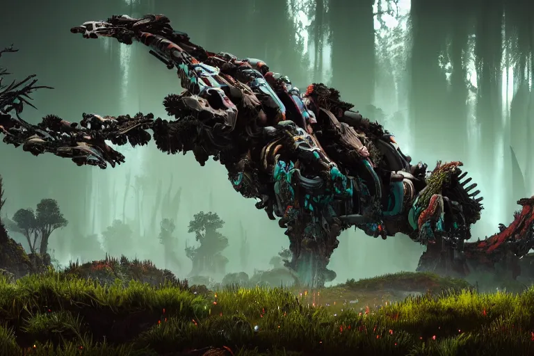 Prompt: wide epic shot. a hyper detailed organic mechanic creatuve realistic similar look as horizon forbidden west horizon zero dawn, bioluminiscence in a dark deep forest at dawn in spring, with reflection and textures, by kilian eng, substance painter reaslitic mech surface metal painted scratches, world env from horizon forbidden west horizon zero dawn