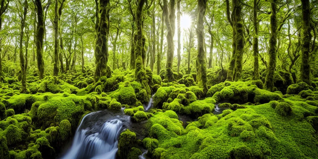 Prompt: photo of a landscape with lush forest, wallpaper, very very wide shot, iceland, new zeeland, green flush moss, national geographic, award landscape photography, professional landscape photography, ancient forest, sunny, day time, beautiful