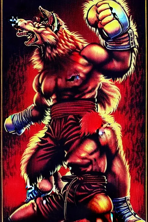 Image similar to extreme long shot. 8 bit nes graphics. 8 0's. vhs artefacts. antropomorphic muscular masculine wolf. kickboxer fighter, in shorts. wolf head. angry. fine details, very sharp, art from nes game cartridge, vaporwave style, marc simonetti and hermann nitsch and anish kapoor.