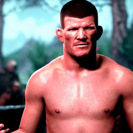 Image similar to character screenshot of ufc commentator michael bisping with an eye patch, npc talking, skyrim, wilderness, 1 0 8 0 p, bokeh, elder scrolls v, detailed, dialog text