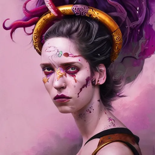 Image similar to art portrait of a furious girl with purple tentacles on her head,8k,by tristan eaton, Stanley Artgermm,Tom Bagshaw,Greg Rutkowski,Carne Griffiths,trending on DeviantArt, face enhance,hyper detailed ,full of colour,