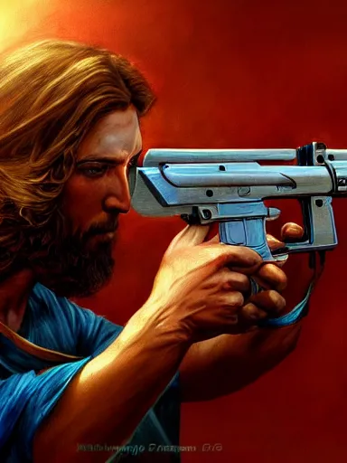 Image similar to jesus christ firing ak - 4 7. intricate, elegant, highly detailed, digital painting, artstation, concept art, sharp focus, illustration, by justin gerard and artgerm, 8 k