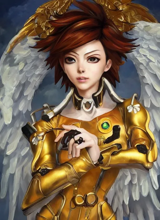 Image similar to full body oil painting of tracer overwatch in the style of sophie anderson, angel wings, angelic golden armor, dramatic painting, symmetrical composition, ornate, golden chains, high detail, gold detailed collar!!!!!, blooming, angelic, lights, flowers, heavenly, bright, detailed face,