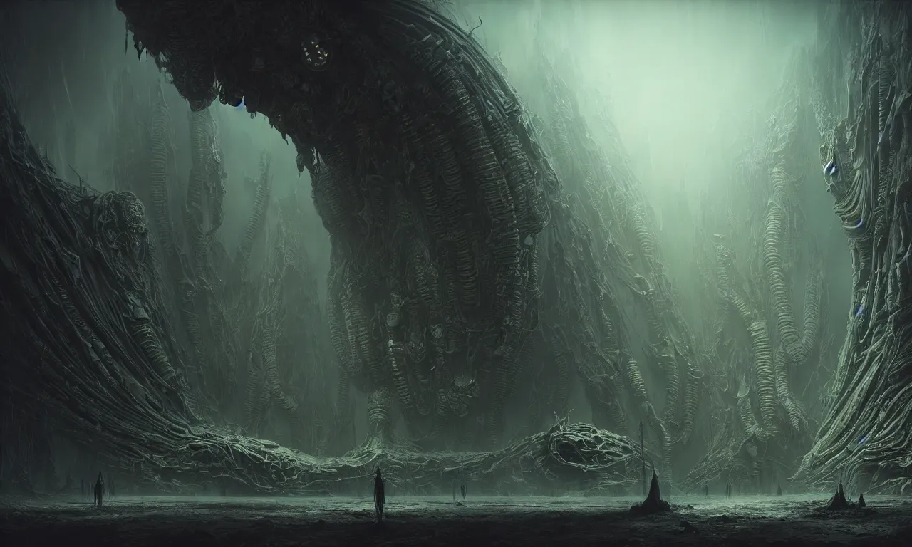 Image similar to Sci-fi environment set in a nightmarish universe of odd forms and somber tapestry, HR Giger, Wadim Kashin, in Zdzisław Beksiński color scheme, featured in artstation, octane render, cinematic, elegant, intricate, 8k